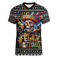 Mexican Sugar Skull Spanish Christmas Women V-Neck T-Shirt Feliz Navidad Mexico - Wonder Print Shop