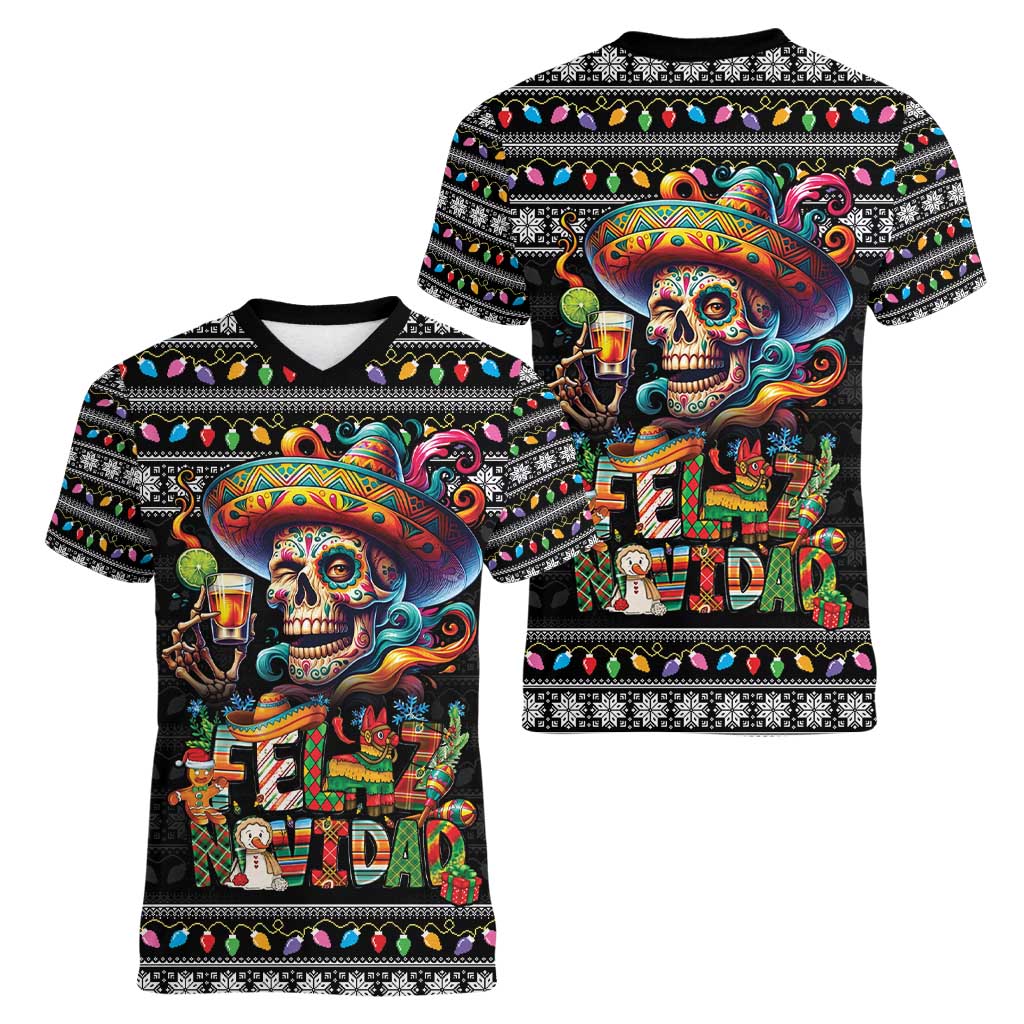 Mexican Sugar Skull Spanish Christmas Women V-Neck T-Shirt Feliz Navidad Mexico - Wonder Print Shop
