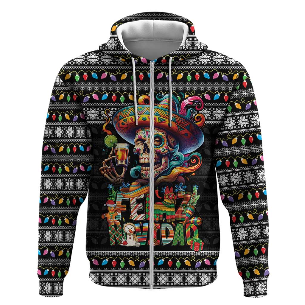 Mexican Sugar Skull Spanish Christmas Zip Hoodie Feliz Navidad Mexico - Wonder Print Shop