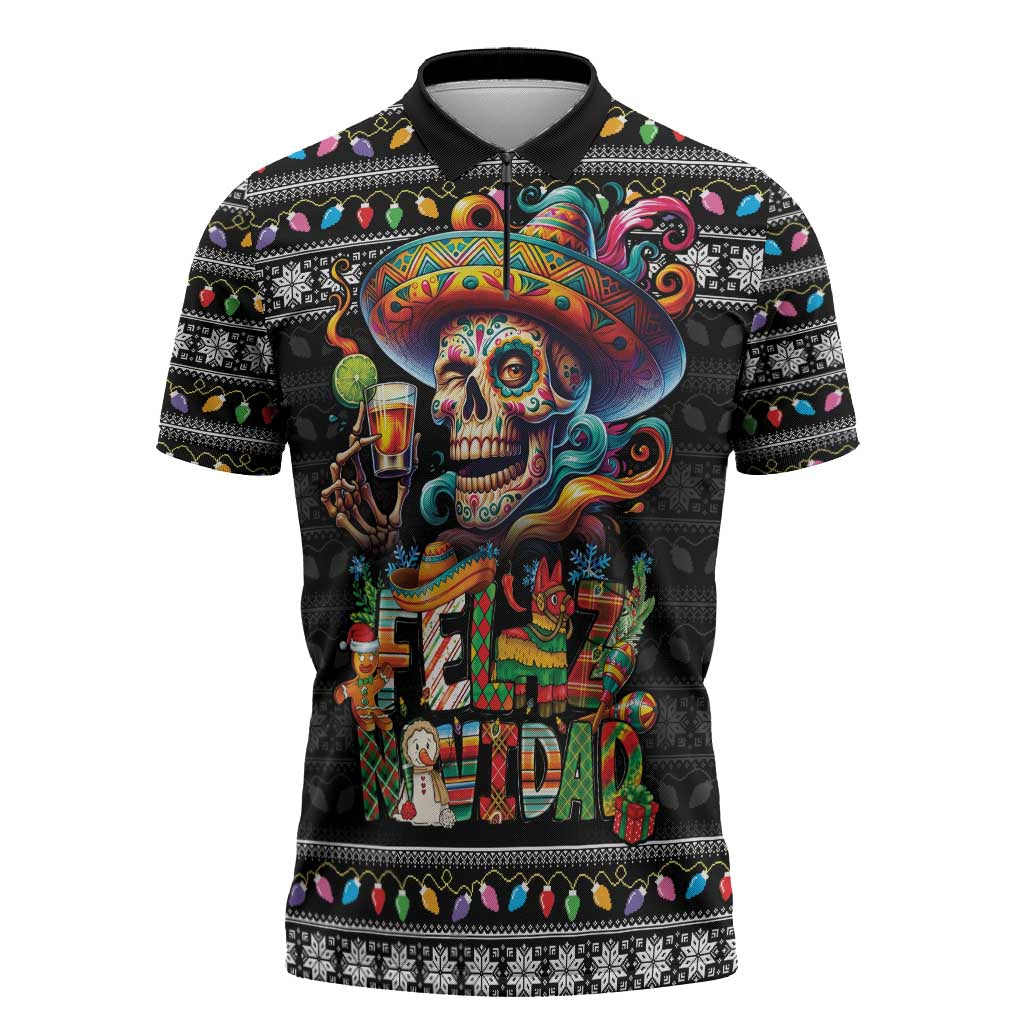 Mexican Sugar Skull Spanish Christmas Zipper Polo Shirt Feliz Navidad Mexico - Wonder Print Shop