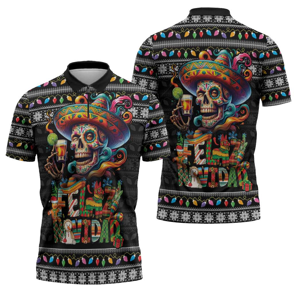 Mexican Sugar Skull Spanish Christmas Zipper Polo Shirt Feliz Navidad Mexico - Wonder Print Shop