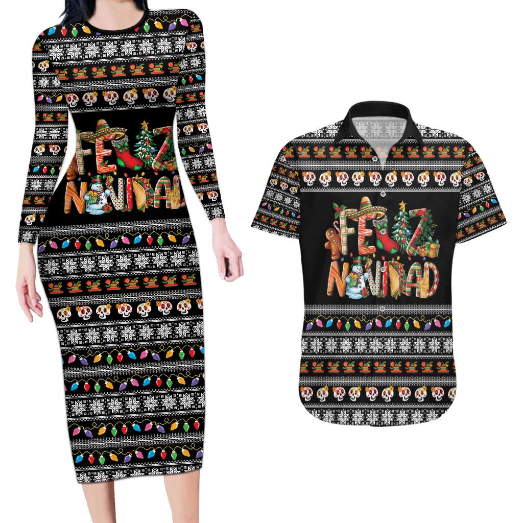 Mexican Sumbrero and Snowman Christmas Couples Matching Long Sleeve Bodycon Dress and Hawaiian Shirt Feliz Navidad Mexico - Wonder Print Shop