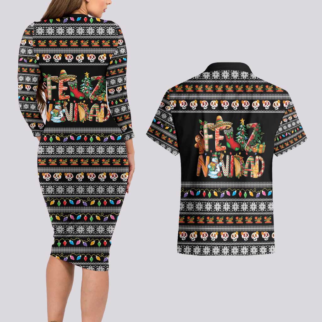 Mexican Sumbrero and Snowman Christmas Couples Matching Long Sleeve Bodycon Dress and Hawaiian Shirt Feliz Navidad Mexico - Wonder Print Shop