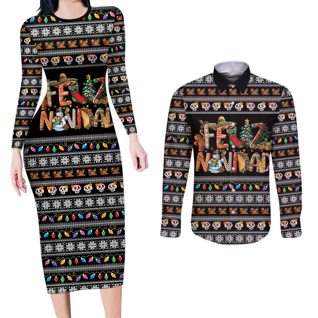 Mexican Sumbrero and Snowman Christmas Couples Matching Long Sleeve Bodycon Dress and Long Sleeve Button Shirt Feliz Navidad Mexico - Wonder Print Shop