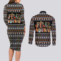 Mexican Sumbrero and Snowman Christmas Couples Matching Long Sleeve Bodycon Dress and Long Sleeve Button Shirt Feliz Navidad Mexico - Wonder Print Shop