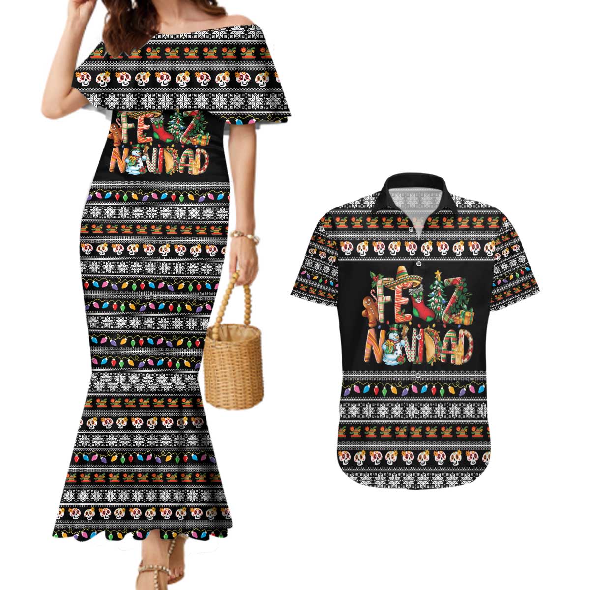 Mexican Sumbrero and Snowman Christmas Couples Matching Mermaid Dress and Hawaiian Shirt Feliz Navidad Mexico - Wonder Print Shop