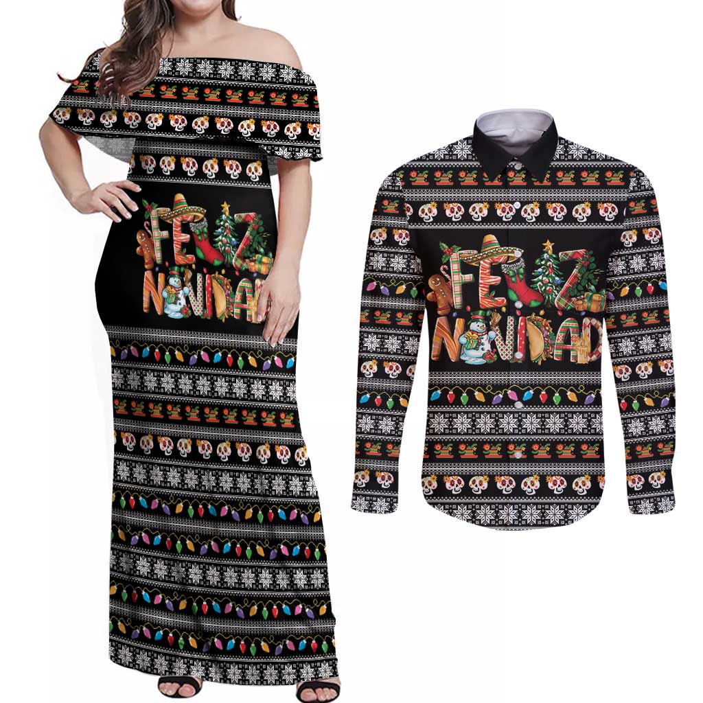 Mexican Sumbrero and Snowman Christmas Couples Matching Off Shoulder Maxi Dress and Long Sleeve Button Shirt Feliz Navidad Mexico - Wonder Print Shop