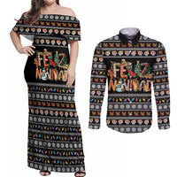 Mexican Sumbrero and Snowman Christmas Couples Matching Off Shoulder Maxi Dress and Long Sleeve Button Shirt Feliz Navidad Mexico - Wonder Print Shop