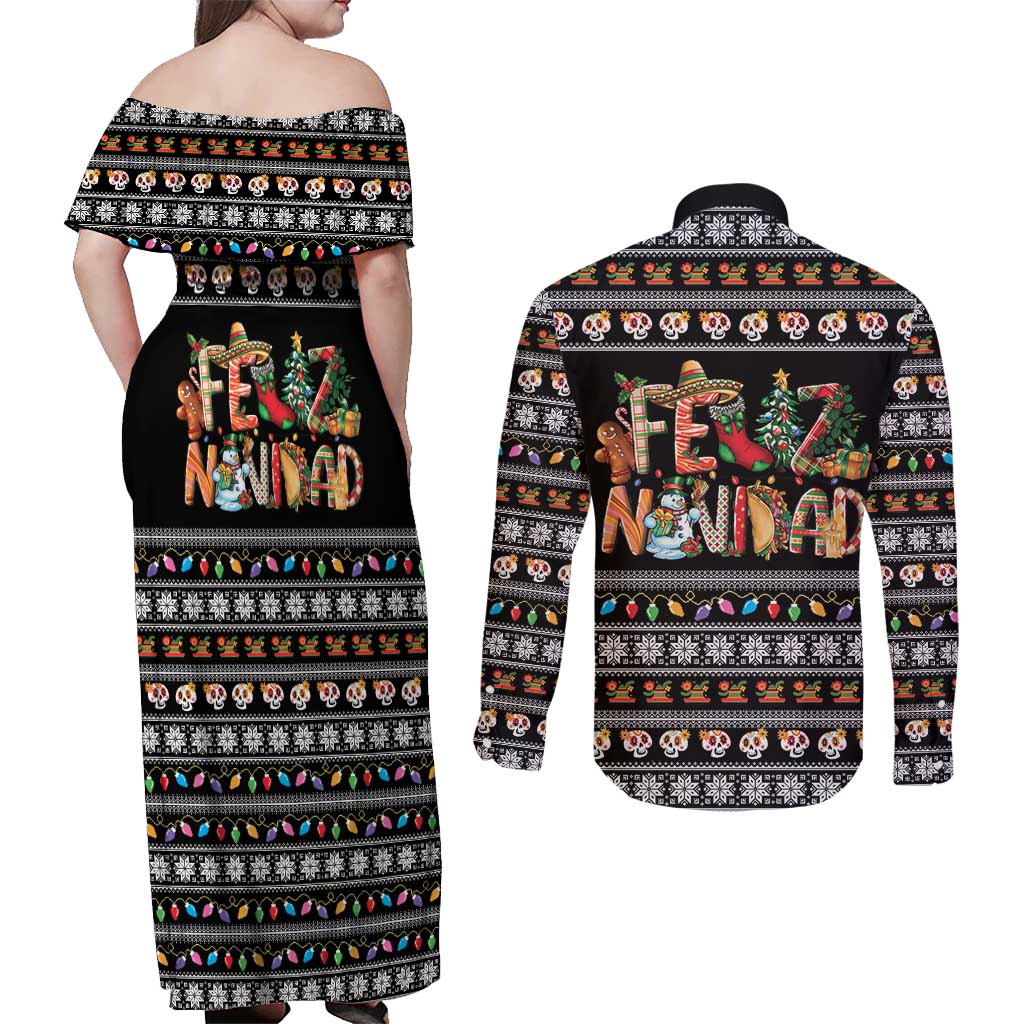 Mexican Sumbrero and Snowman Christmas Couples Matching Off Shoulder Maxi Dress and Long Sleeve Button Shirt Feliz Navidad Mexico - Wonder Print Shop
