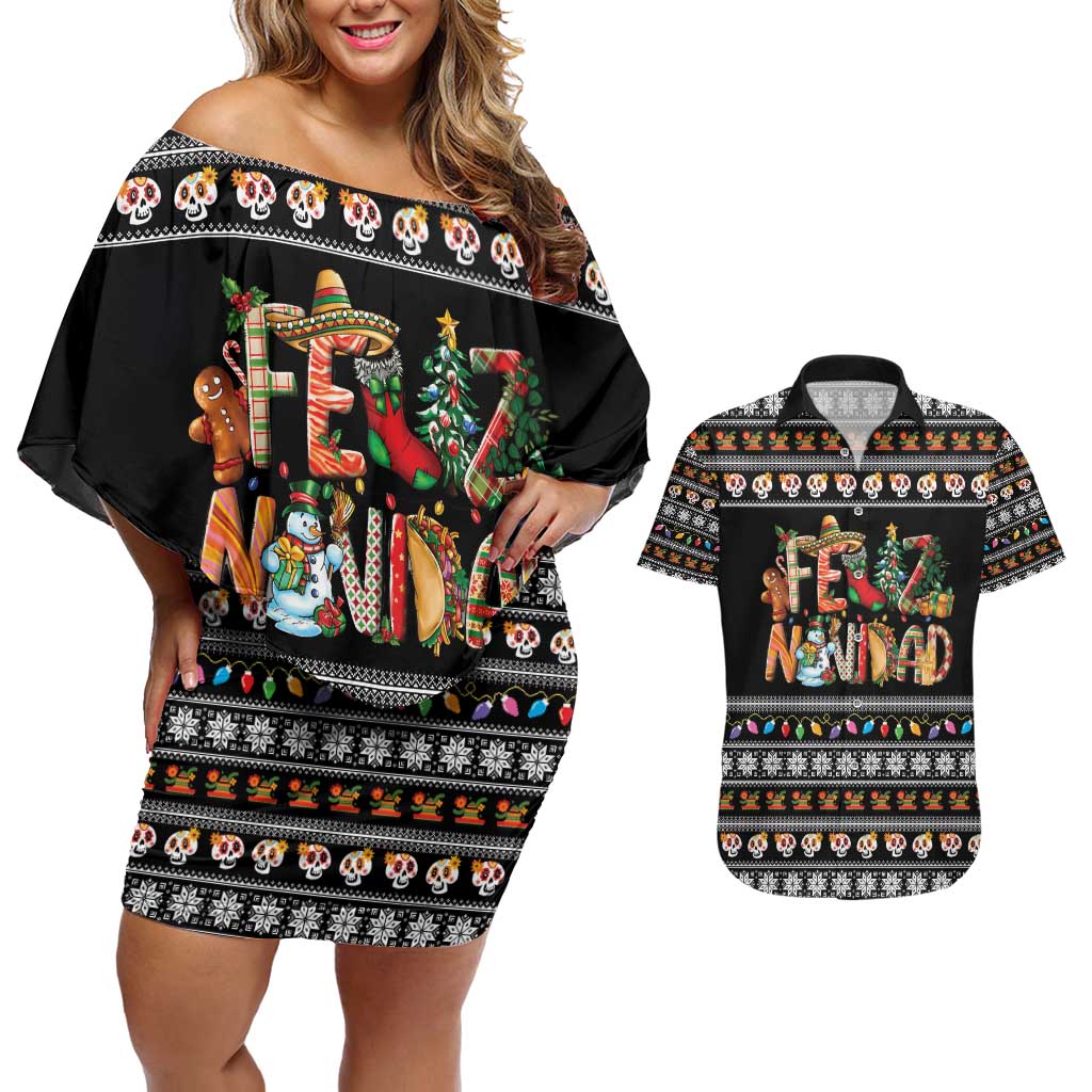 Mexican Sumbrero and Snowman Christmas Couples Matching Off Shoulder Short Dress and Hawaiian Shirt Feliz Navidad Mexico - Wonder Print Shop