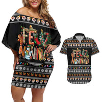 Mexican Sumbrero and Snowman Christmas Couples Matching Off Shoulder Short Dress and Hawaiian Shirt Feliz Navidad Mexico - Wonder Print Shop