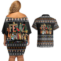 Mexican Sumbrero and Snowman Christmas Couples Matching Off Shoulder Short Dress and Hawaiian Shirt Feliz Navidad Mexico - Wonder Print Shop