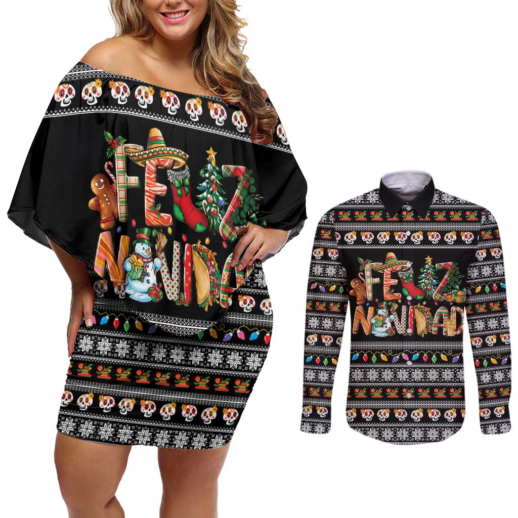Mexican Sumbrero and Snowman Christmas Couples Matching Off Shoulder Short Dress and Long Sleeve Button Shirt Feliz Navidad Mexico - Wonder Print Shop