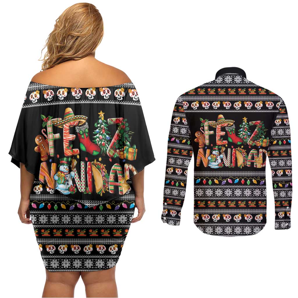 Mexican Sumbrero and Snowman Christmas Couples Matching Off Shoulder Short Dress and Long Sleeve Button Shirt Feliz Navidad Mexico - Wonder Print Shop