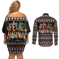 Mexican Sumbrero and Snowman Christmas Couples Matching Off Shoulder Short Dress and Long Sleeve Button Shirt Feliz Navidad Mexico - Wonder Print Shop
