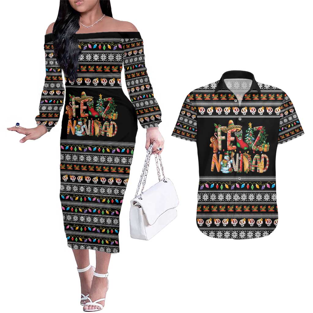 Mexican Sumbrero and Snowman Christmas Couples Matching Off The Shoulder Long Sleeve Dress and Hawaiian Shirt Feliz Navidad Mexico - Wonder Print Shop