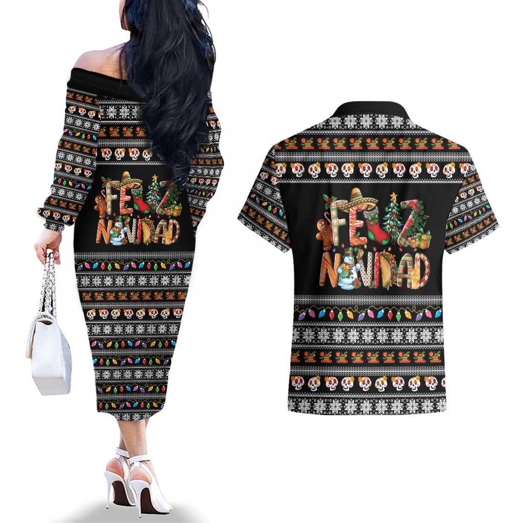 Mexican Sumbrero and Snowman Christmas Couples Matching Off The Shoulder Long Sleeve Dress and Hawaiian Shirt Feliz Navidad Mexico - Wonder Print Shop