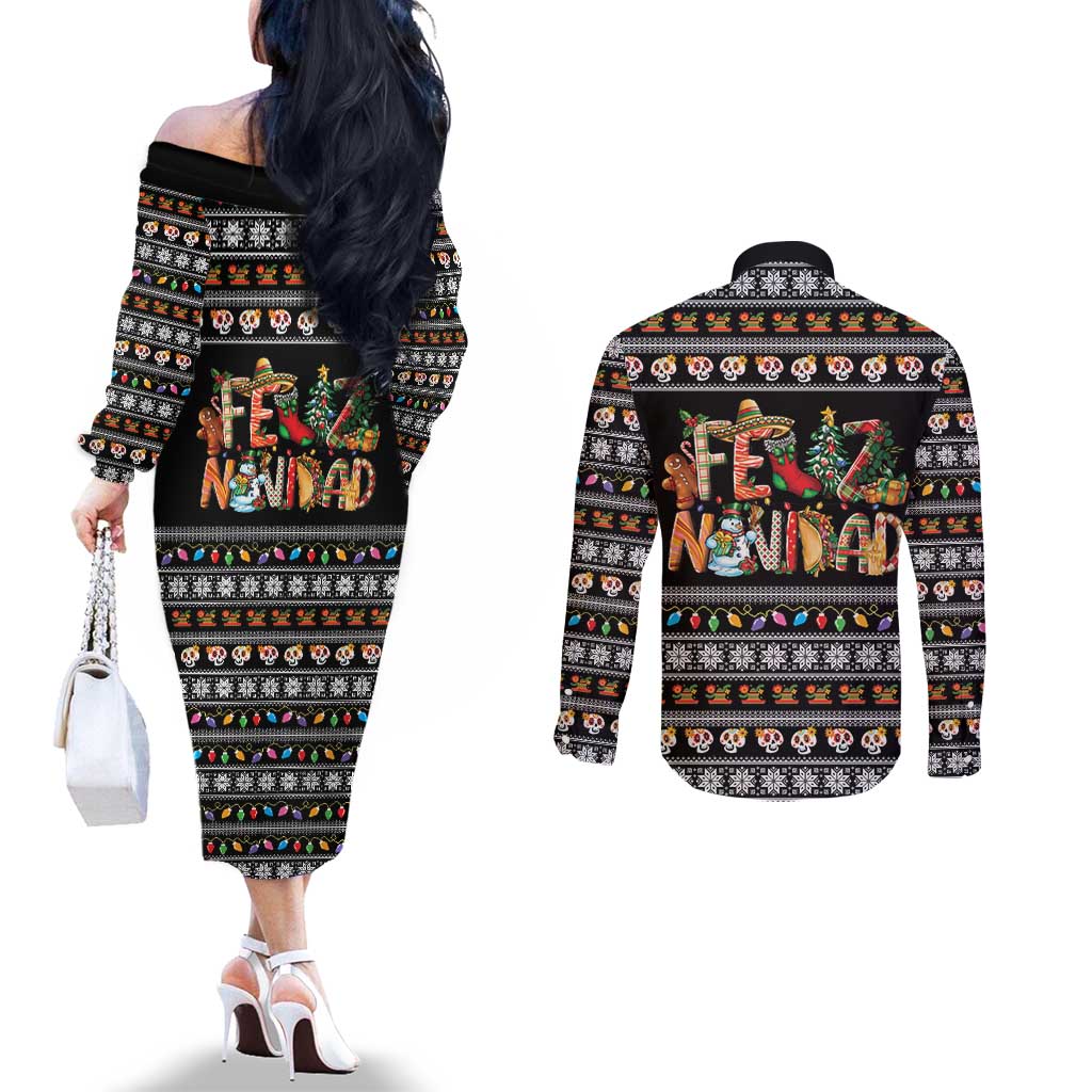 Mexican Sumbrero and Snowman Christmas Couples Matching Off The Shoulder Long Sleeve Dress and Long Sleeve Button Shirt Feliz Navidad Mexico - Wonder Print Shop