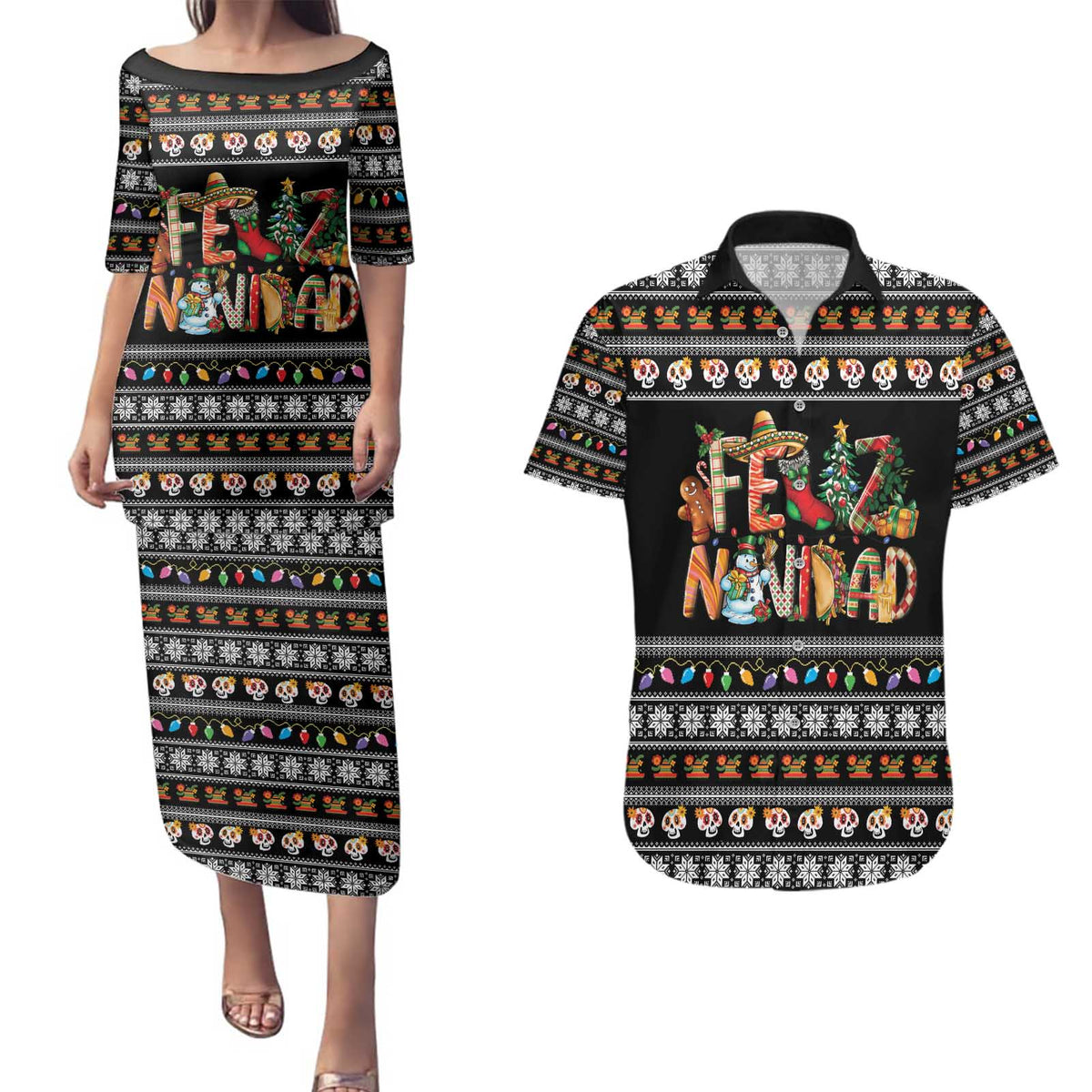 Mexican Sumbrero and Snowman Christmas Couples Matching Puletasi and Hawaiian Shirt Feliz Navidad Mexico - Wonder Print Shop