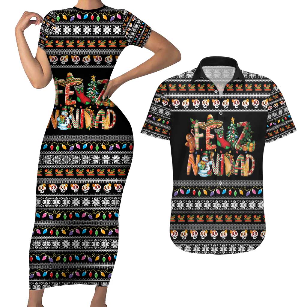 Mexican Sumbrero and Snowman Christmas Couples Matching Short Sleeve Bodycon Dress and Hawaiian Shirt Feliz Navidad Mexico - Wonder Print Shop