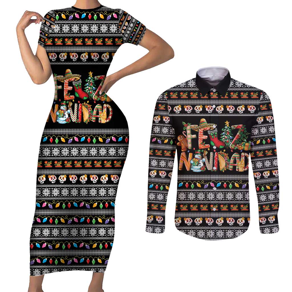 Mexican Sumbrero and Snowman Christmas Couples Matching Short Sleeve Bodycon Dress and Long Sleeve Button Shirt Feliz Navidad Mexico - Wonder Print Shop