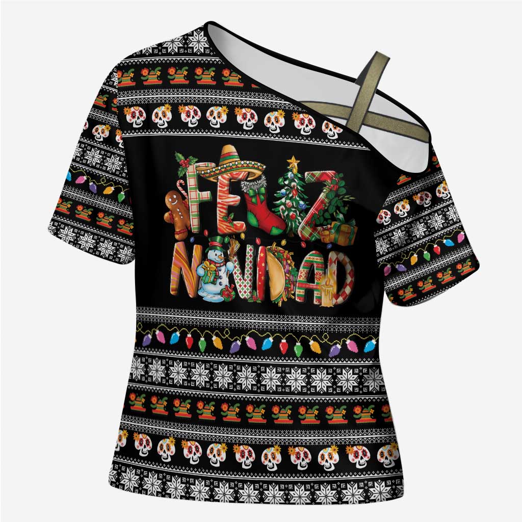 Mexican Sumbrero and Snowman Christmas Cross Shoulder Shirt Feliz Navidad Mexico - Wonder Print Shop