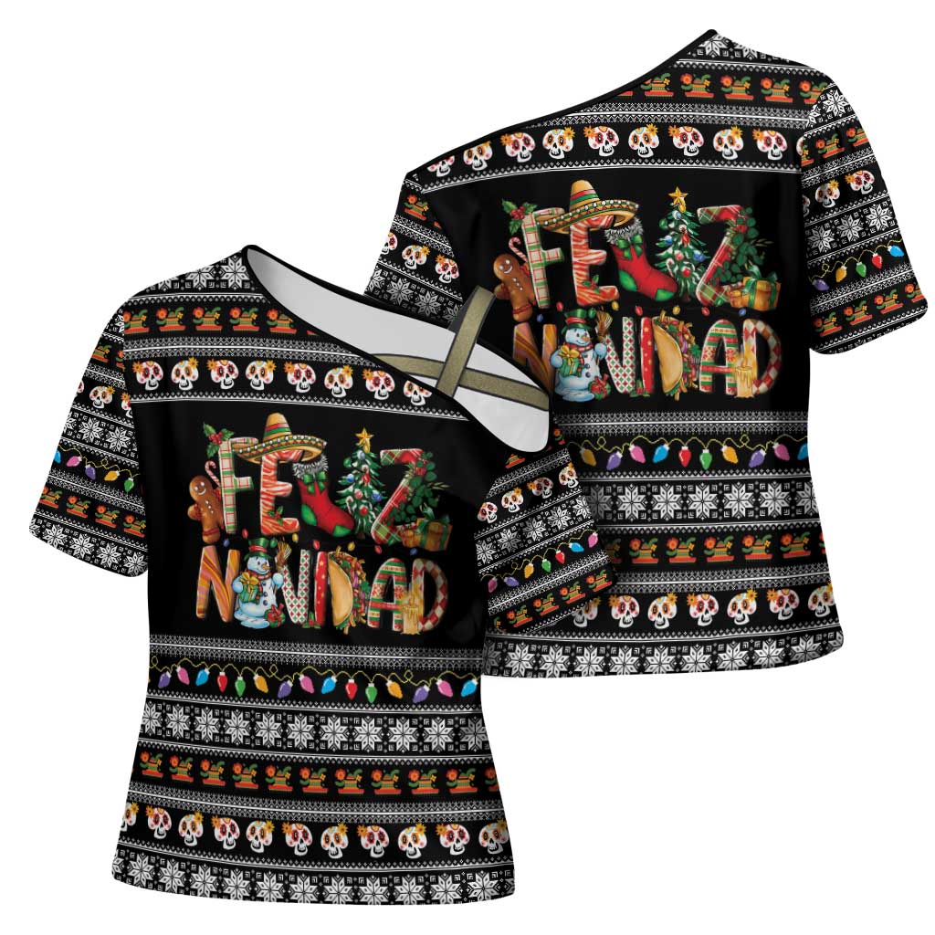 Mexican Sumbrero and Snowman Christmas Cross Shoulder Shirt Feliz Navidad Mexico - Wonder Print Shop