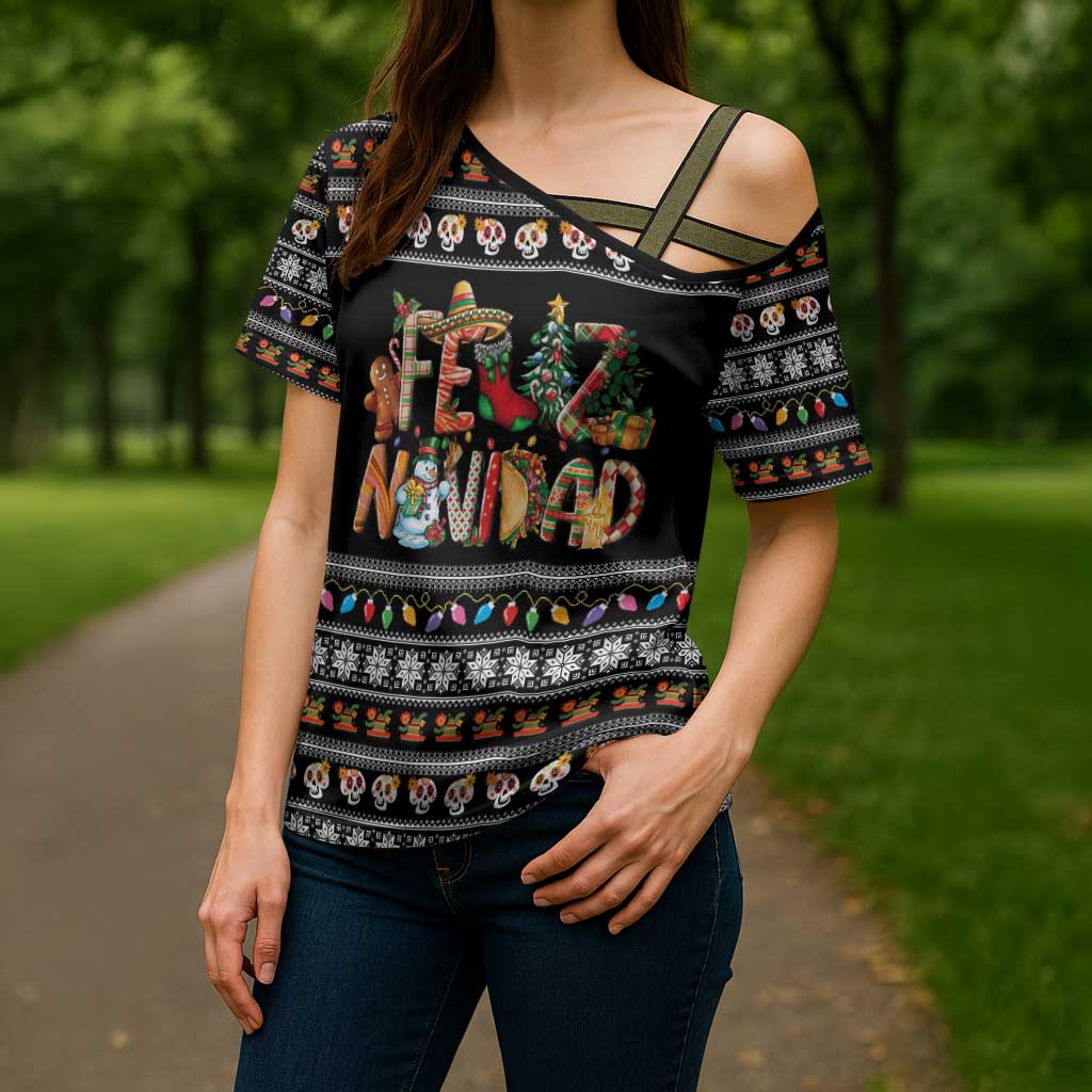 Mexican Sumbrero and Snowman Christmas Cross Shoulder Shirt Feliz Navidad Mexico - Wonder Print Shop