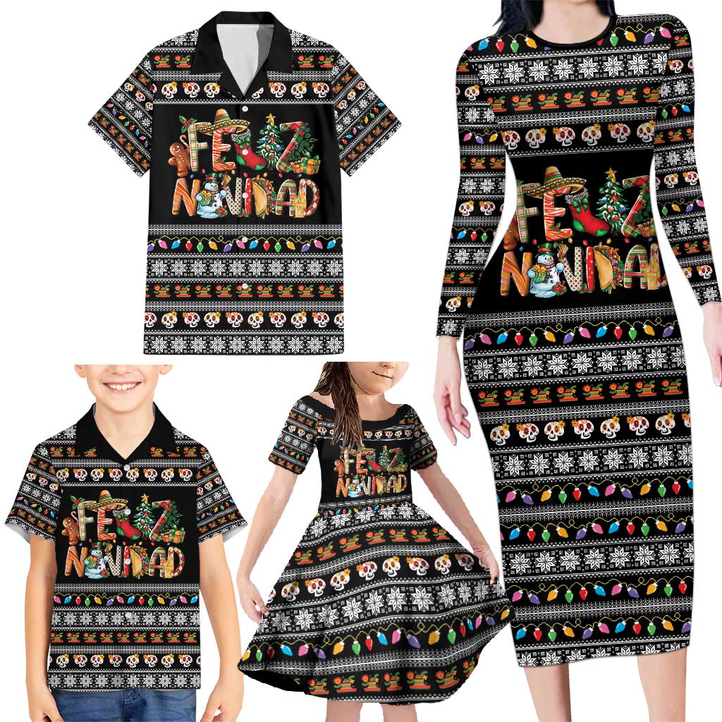 Mexican Sumbrero and Snowman Christmas Family Matching Long Sleeve Bodycon Dress and Hawaiian Shirt Feliz Navidad Mexico - Wonder Print Shop