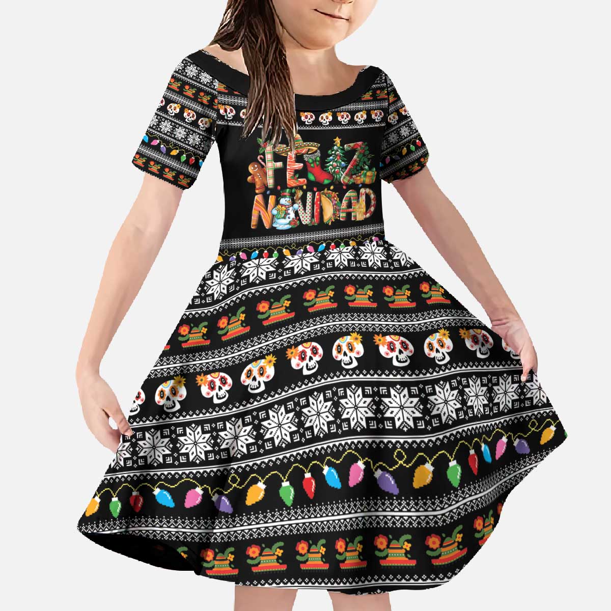 Mexican Sumbrero and Snowman Christmas Family Matching Off The Shoulder Long Sleeve Dress and Hawaiian Shirt Feliz Navidad Mexico - Wonder Print Shop