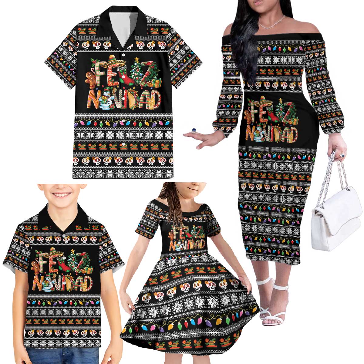 Mexican Sumbrero and Snowman Christmas Family Matching Off The Shoulder Long Sleeve Dress and Hawaiian Shirt Feliz Navidad Mexico - Wonder Print Shop