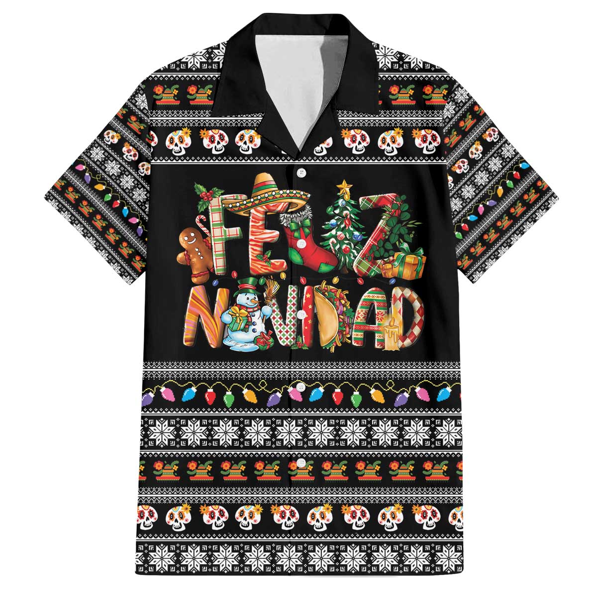 Mexican Sumbrero and Snowman Christmas Family Matching Off The Shoulder Long Sleeve Dress and Hawaiian Shirt Feliz Navidad Mexico - Wonder Print Shop