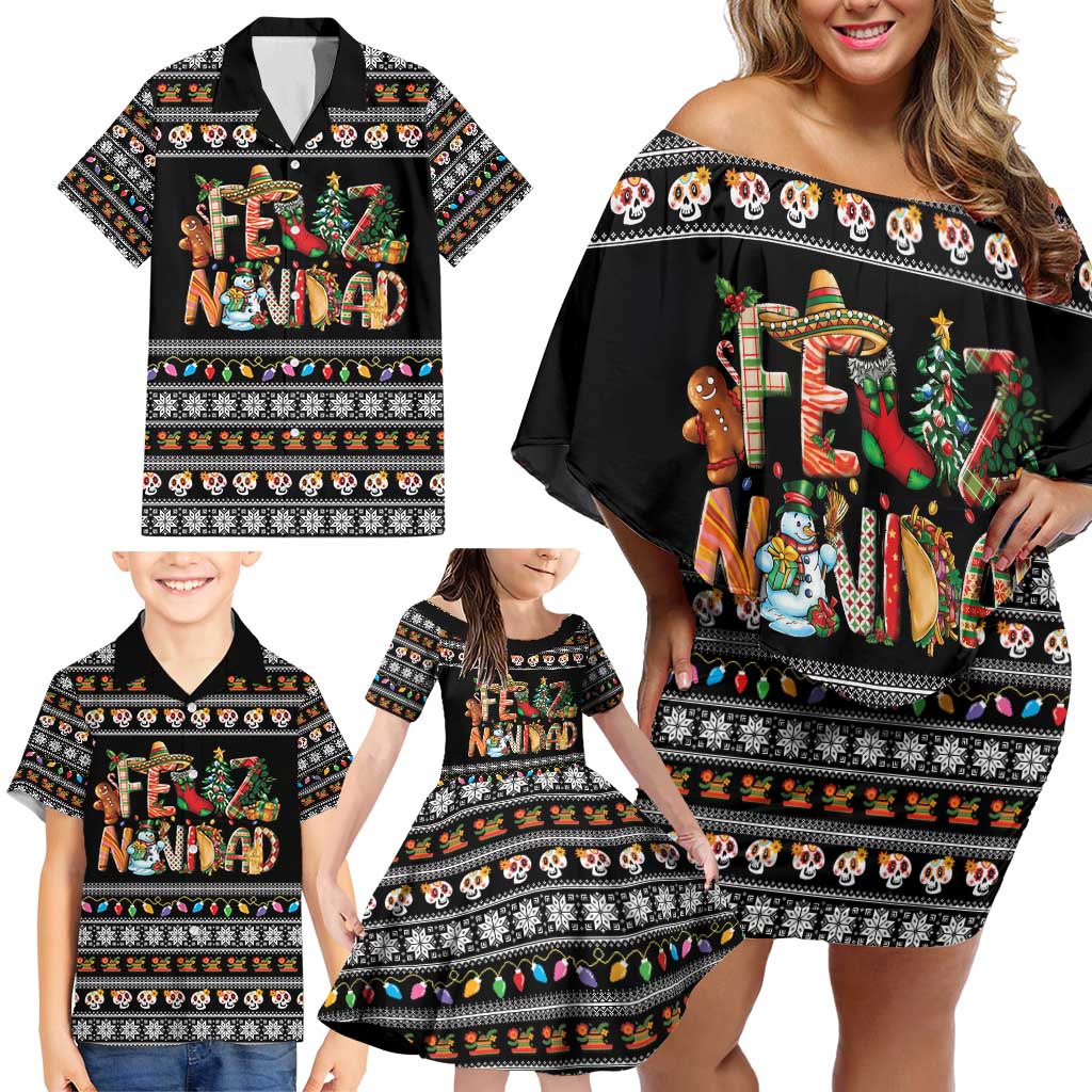 Mexican Sumbrero and Snowman Christmas Family Matching Off Shoulder Short Dress and Hawaiian Shirt Feliz Navidad Mexico - Wonder Print Shop