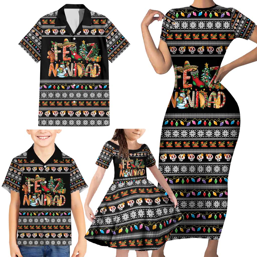 Mexican Sumbrero and Snowman Christmas Family Matching Short Sleeve Bodycon Dress and Hawaiian Shirt Feliz Navidad Mexico - Wonder Print Shop