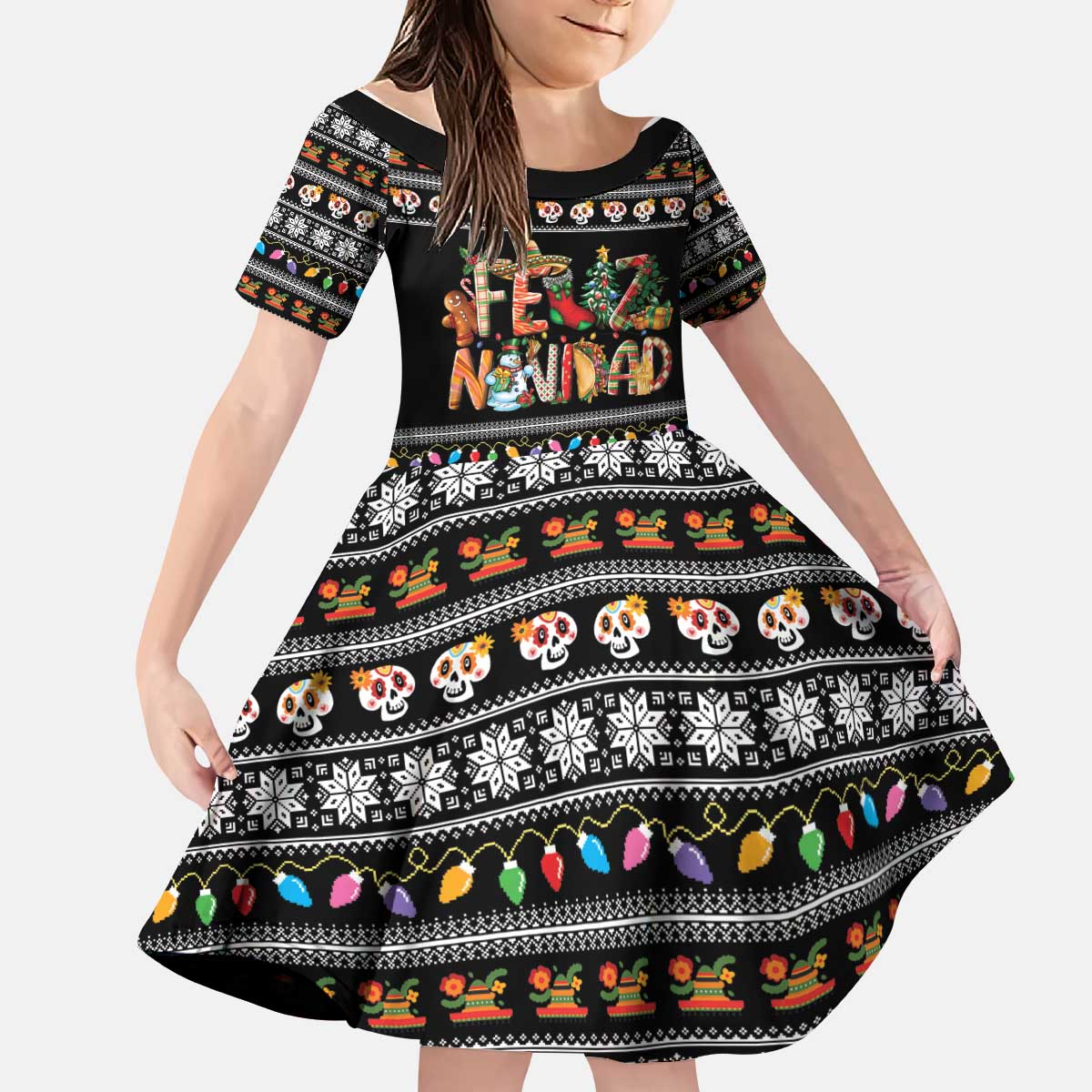 Mexican Sumbrero and Snowman Christmas Kid Short Sleeve Dress Feliz Navidad Mexico - Wonder Print Shop