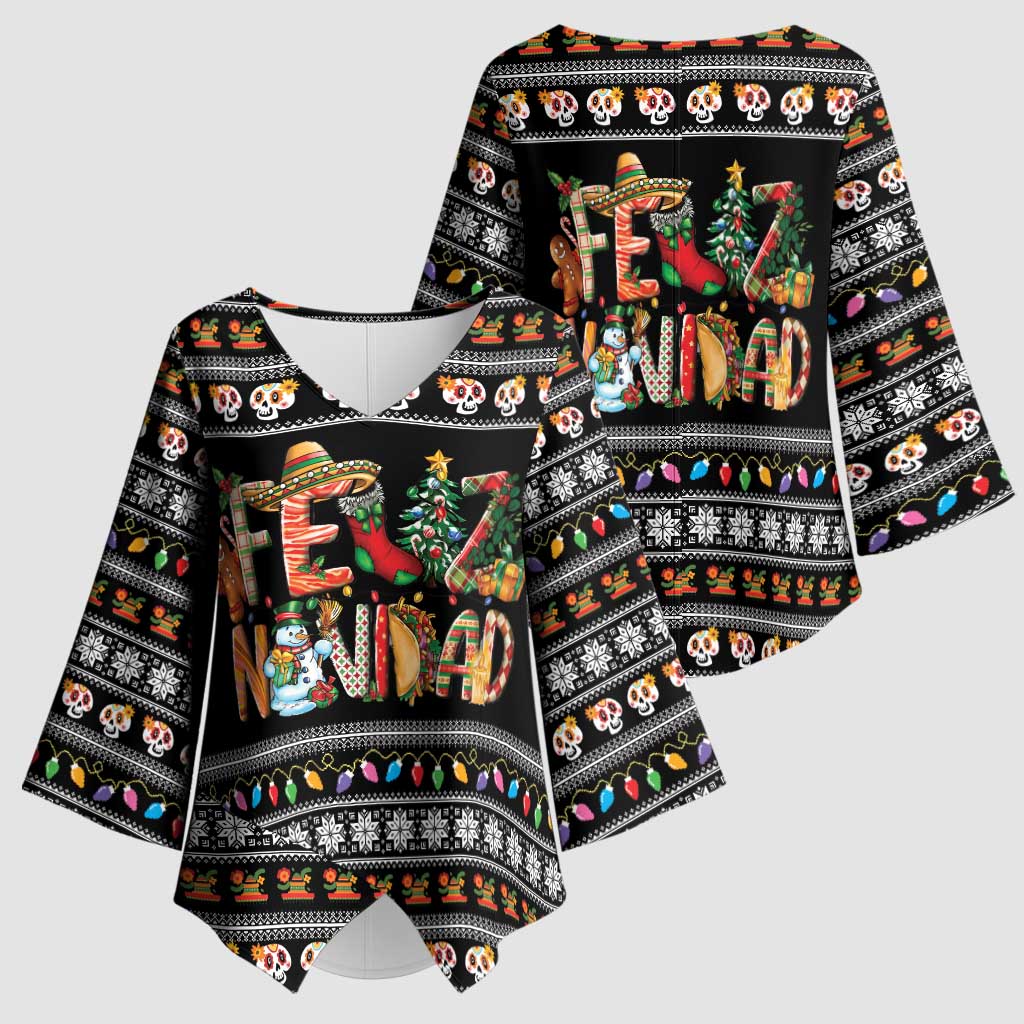 Mexican Sumbrero and Snowman Christmas Kimono Sleeve Blouse Feliz Navidad Mexico - Wonder Print Shop