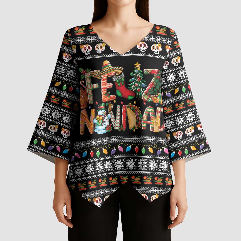 Mexican Sumbrero and Snowman Christmas Kimono Sleeve Blouse Feliz Navidad Mexico - Wonder Print Shop