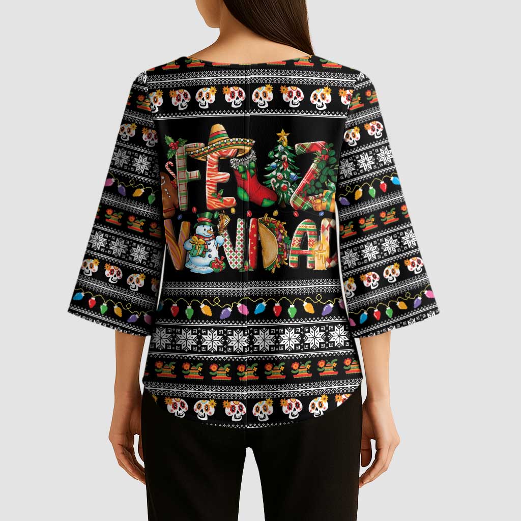Mexican Sumbrero and Snowman Christmas Kimono Sleeve Blouse Feliz Navidad Mexico - Wonder Print Shop