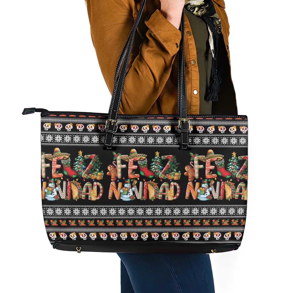 Mexican Sumbrero and Snowman Christmas Leather Tote Bag Feliz Navidad Mexico - Wonder Print Shop