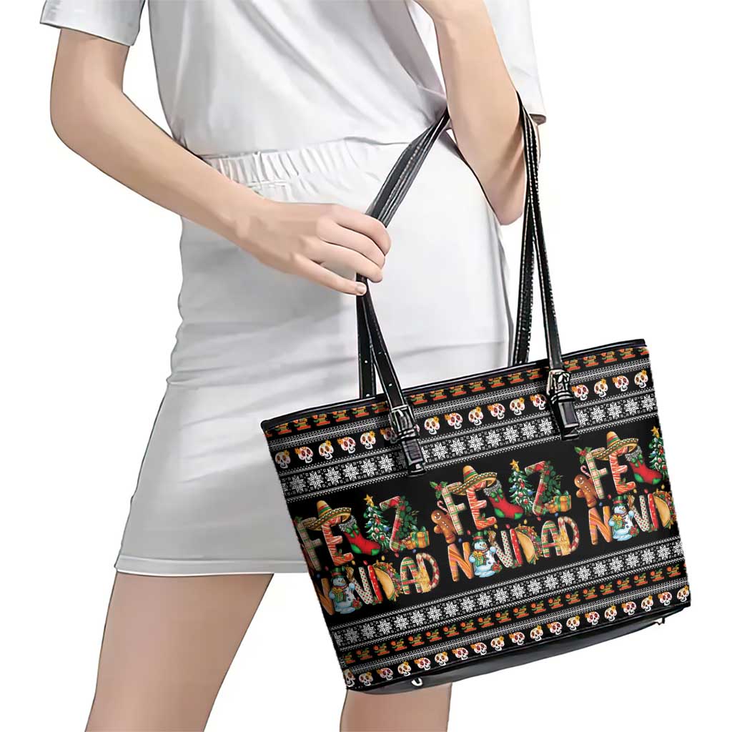 Mexican Sumbrero and Snowman Christmas Leather Tote Bag Feliz Navidad Mexico - Wonder Print Shop