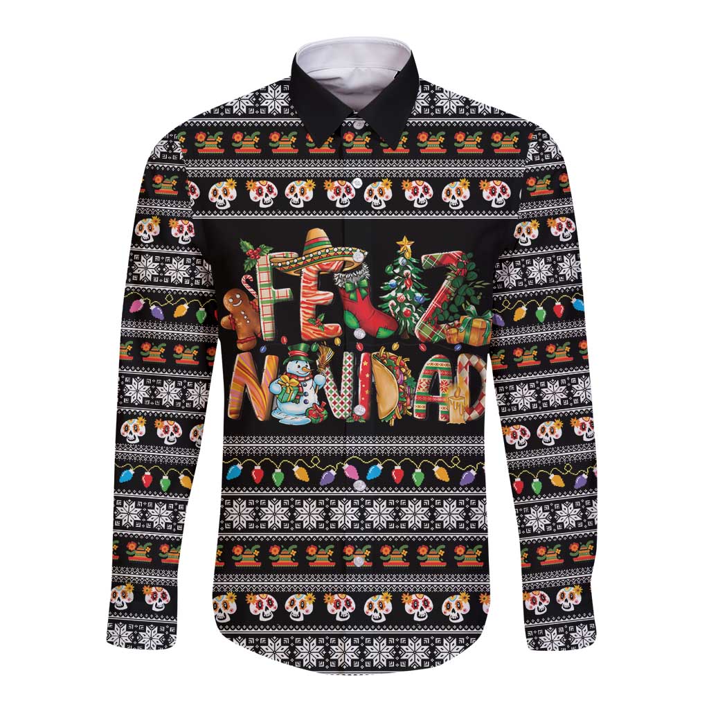 Mexican Sumbrero and Snowman Christmas Long Sleeve Button Shirt Feliz Navidad Mexico - Wonder Print Shop