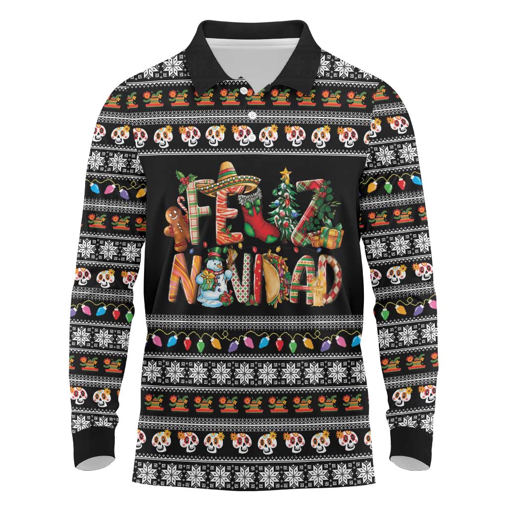 Mexican Sumbrero and Snowman Christmas Long Sleeve Polo Shirt Feliz Navidad Mexico - Wonder Print Shop
