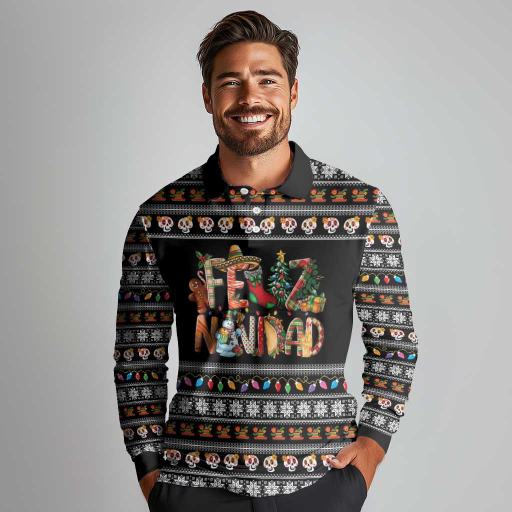 Mexican Sumbrero and Snowman Christmas Long Sleeve Polo Shirt Feliz Navidad Mexico - Wonder Print Shop