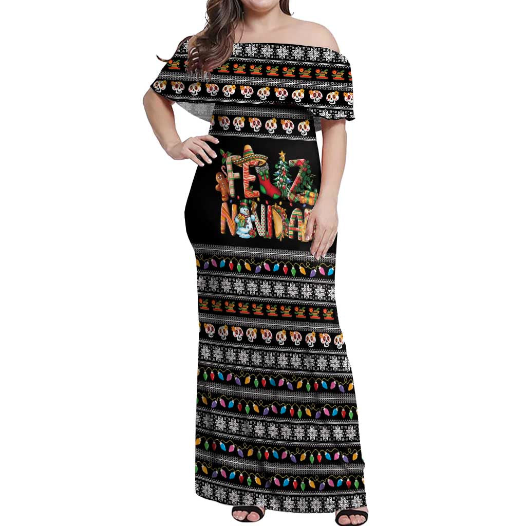 Mexican Sumbrero and Snowman Christmas Off Shoulder Maxi Dress Feliz Navidad Mexico - Wonder Print Shop