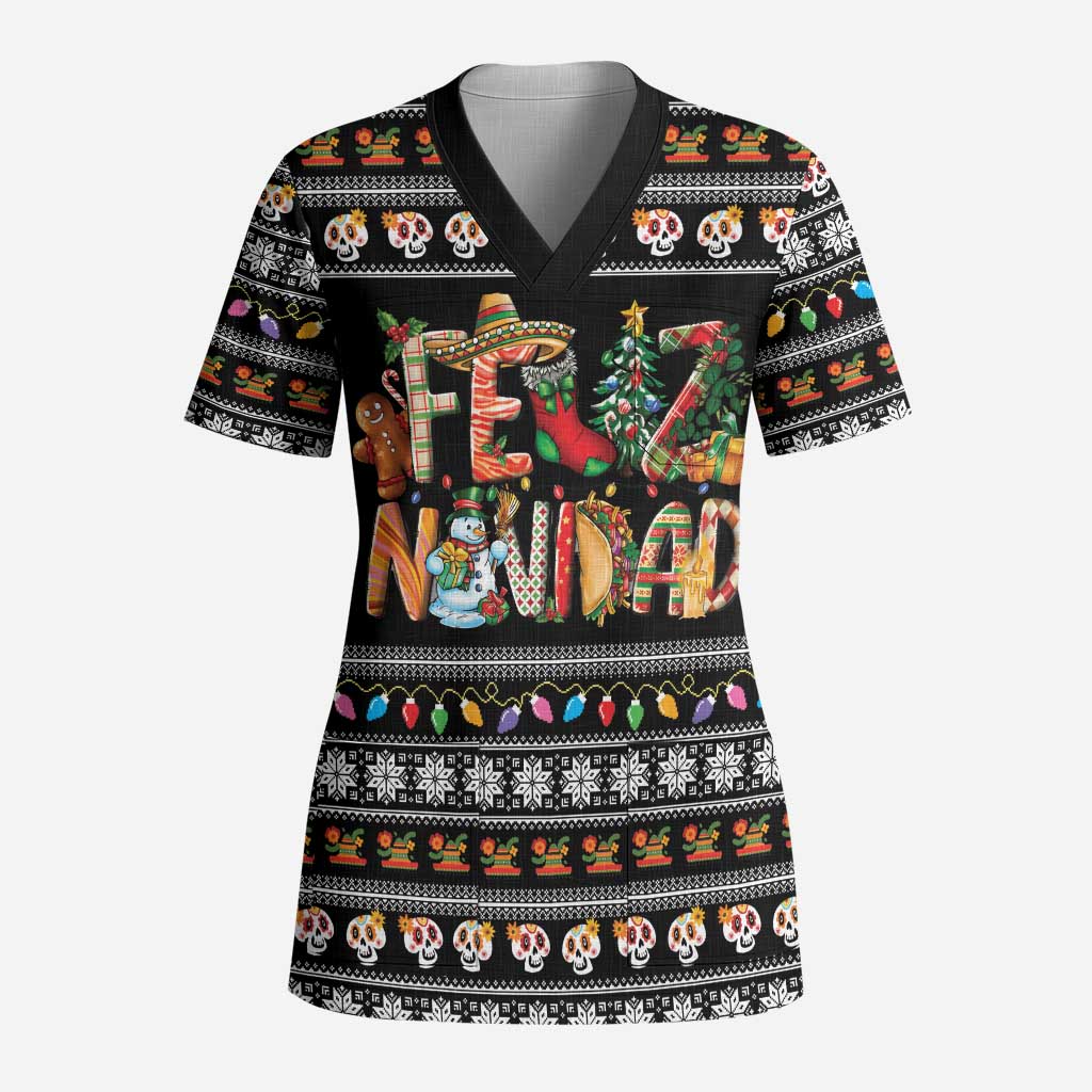 Mexican Sumbrero and Snowman Christmas Scrub Top Feliz Navidad Mexico - Wonder Print Shop