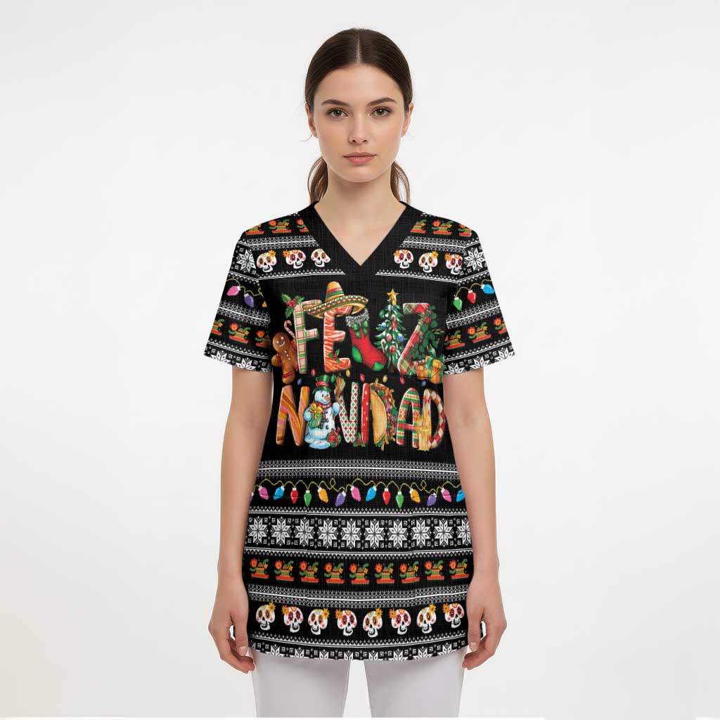 Mexican Sumbrero and Snowman Christmas Scrub Top Feliz Navidad Mexico - Wonder Print Shop