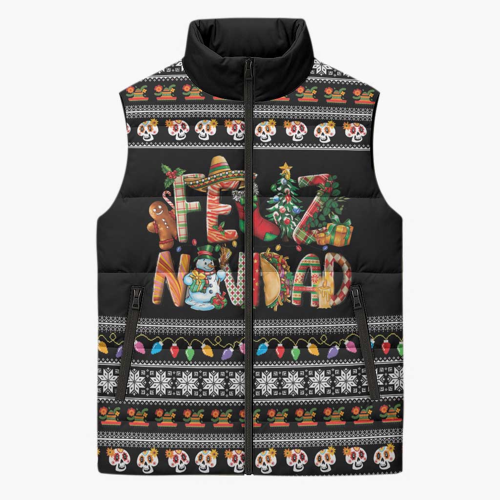 Mexican Sumbrero and Snowman Christmas Sleeveless Puffer Jacket Feliz Navidad Mexico - Wonder Print Shop