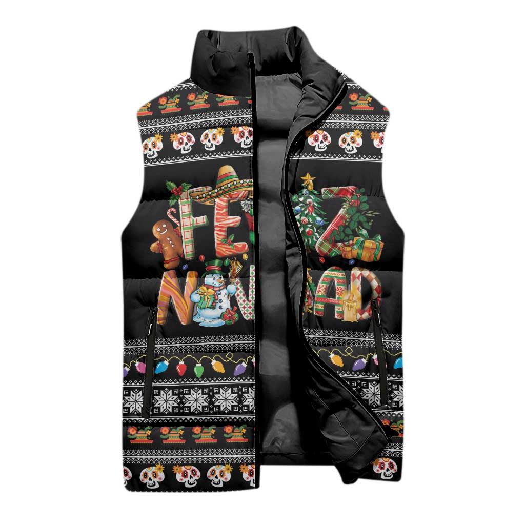 Mexican Sumbrero and Snowman Christmas Sleeveless Puffer Jacket Feliz Navidad Mexico - Wonder Print Shop