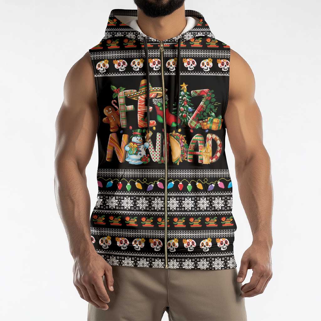 Mexican Sumbrero and Snowman Christmas Sleeveless Zip Hoodie Feliz Navidad Mexico - Wonder Print Shop