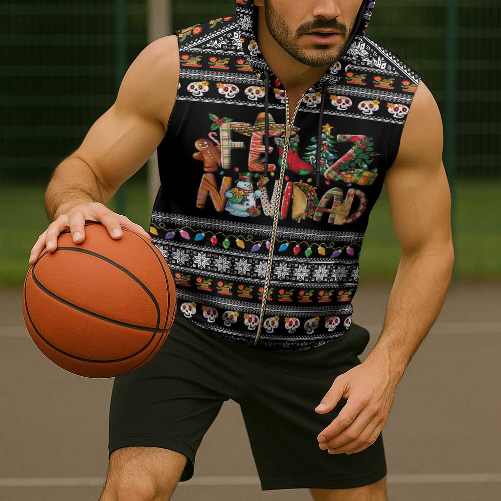 Mexican Sumbrero and Snowman Christmas Sleeveless Zip Hoodie Feliz Navidad Mexico - Wonder Print Shop